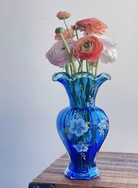 手工顿瓣口大肚手绘花鸟饰花花瓶水培蓝色琉璃插花器家居装芬摆件