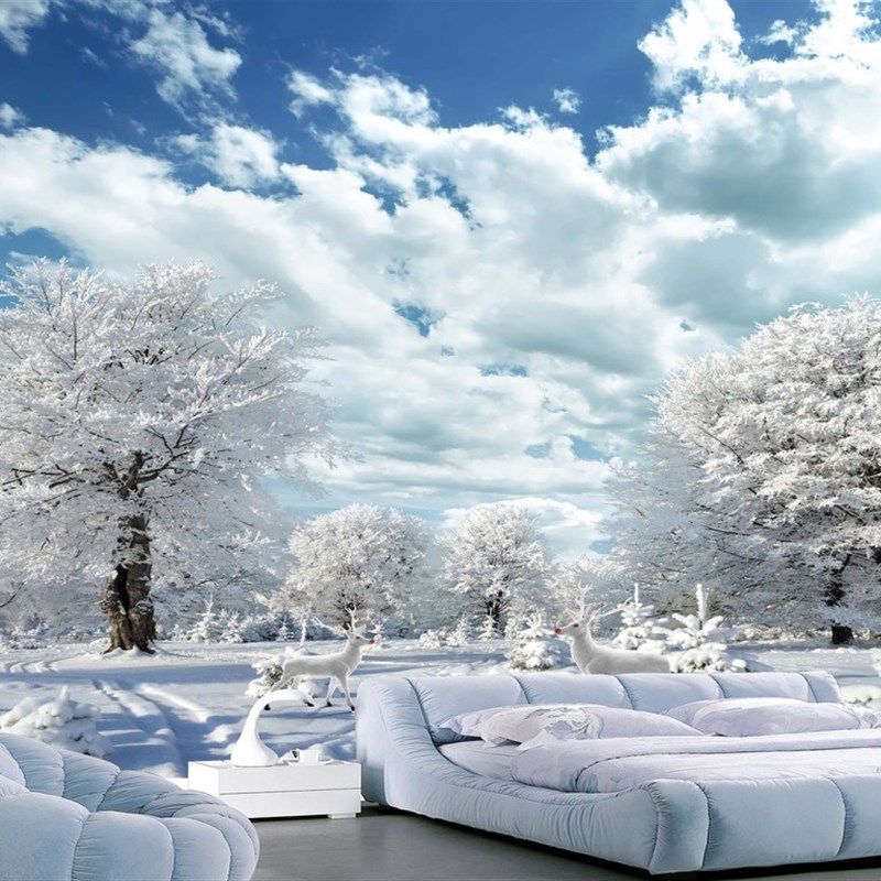 卧室雪景墙贴3d雪山风景自沙墙纸粘发客厅电视背景墙壁画房间装饰