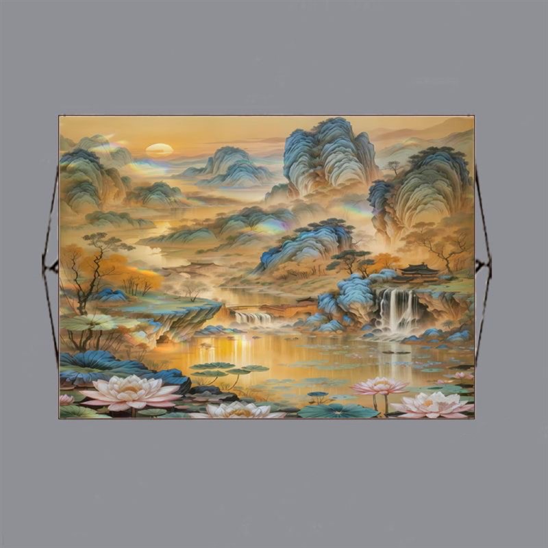 横版出物堂口山水画招财暗堂风景背画佛道仙挂景墙无活马卷轴画