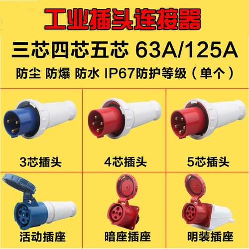 I插67防水工业P头连接器63A/12母A 3芯4心5孔防爆航空插座公5对接