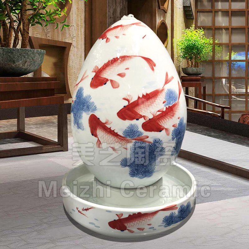 玄关手绘陶瓷加湿器生瓶鸿运当头水流花财摆件循环水景陶罐喷泉缸