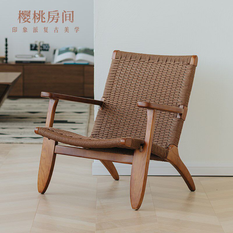 樱桃房间CH25丹麦中古椅白蜡木手工绳编单人休闲椅北欧小躺椅阳台