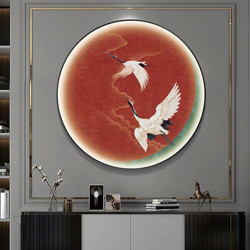 仙鹤图圆形装饰画禅意民宿酒店中国风挂画玄关过道led带灯墙壁画