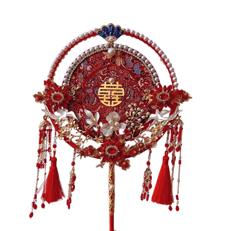 中式红金双面双圈团扇diy材料包成品新娘结婚龙凤秀禾服手捧花束