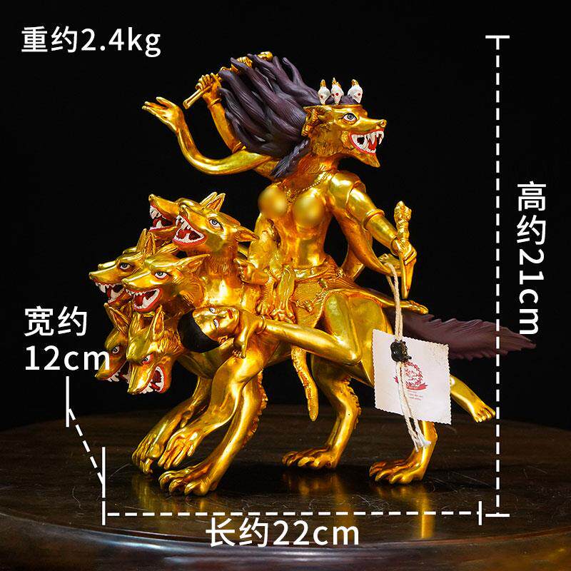 闯隆藏式铜鎏金《骑狼母》铜像室内桌面藏式创意工艺礼品摆饰装饰