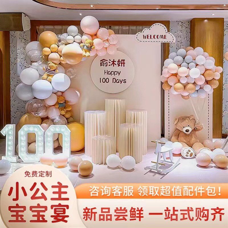 宝宝一周岁礼生日布置装饰场景女孩百天满月百日宴气球kt板背景墙