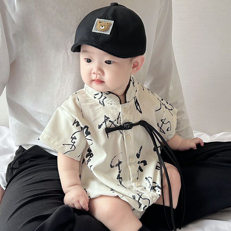 夏款婴儿衣服中国风男女宝宝连体衣夏装洋气汉服唐装短袖中式爬服