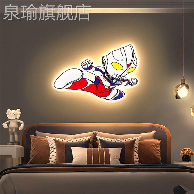 网红奥特儿卧室装饰房画男孩童间床头曼氛围壁灯画感卡通人物发光