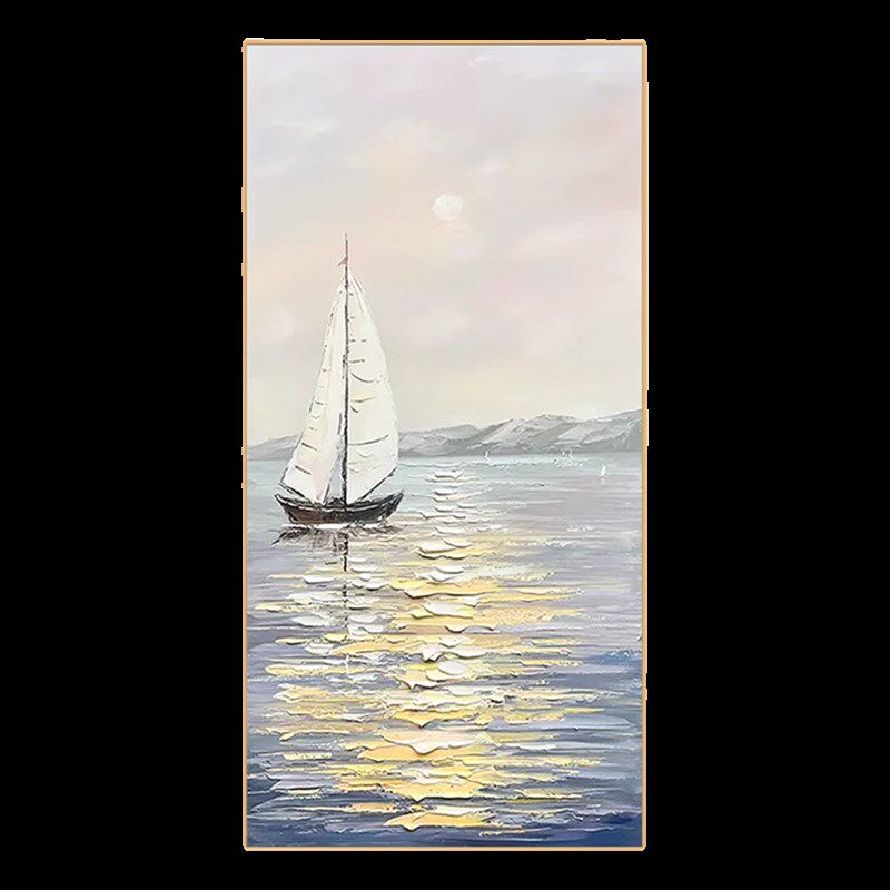 法式纯手绘油画玄关装饰画一帆风顺客厅过道入户挂画风景厚油壁画