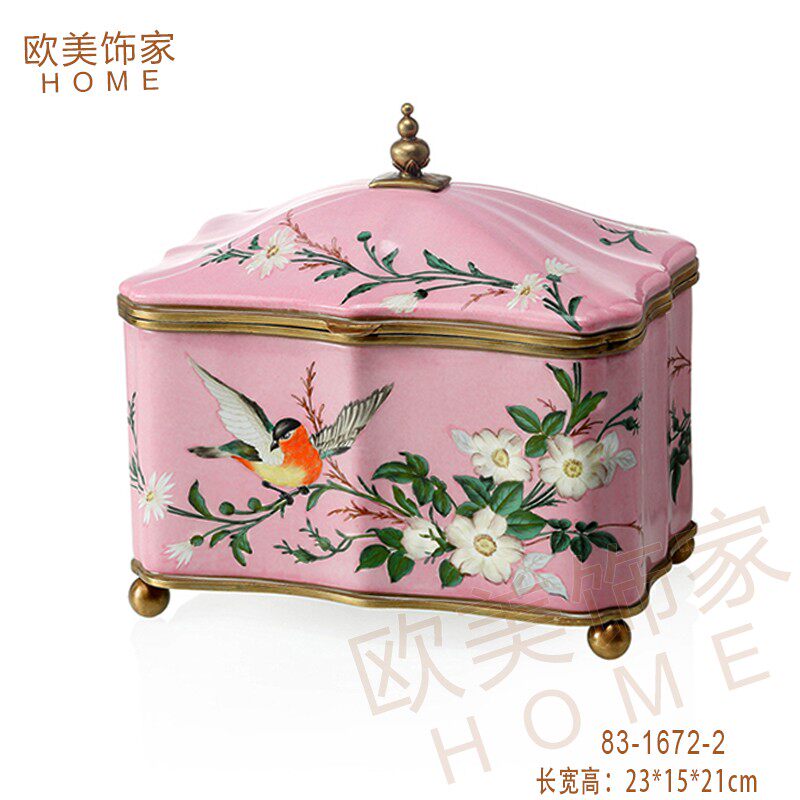 陶瓷配铜纸巾盒 粉色花鸟喜鹊花插摆件 美式家居工艺品床头柜台灯