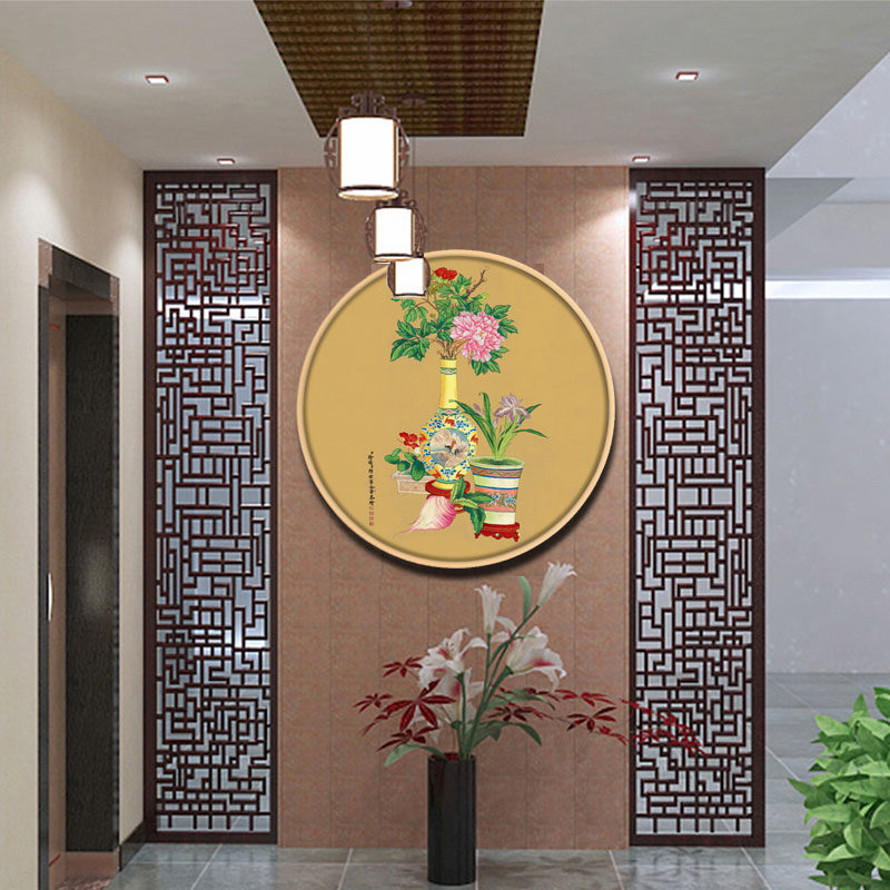 郎世宁平安富贵图牡丹花鸟装饰画客厅新中式玄关圆形装饰画复古