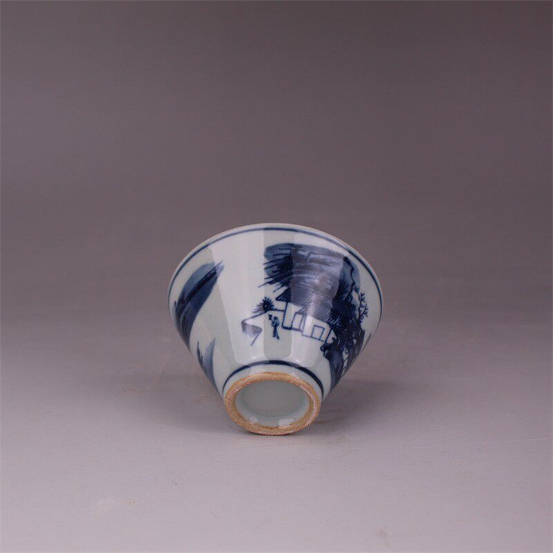 晚清民窑青花山水纹斗笠杯茶杯景德镇古玩古董陶瓷器仿古茶具收藏