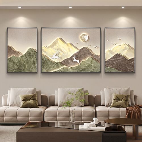 旭日东升靠山三联客厅沙发背景墙壁画2024新款装饰画轻奢高级挂画