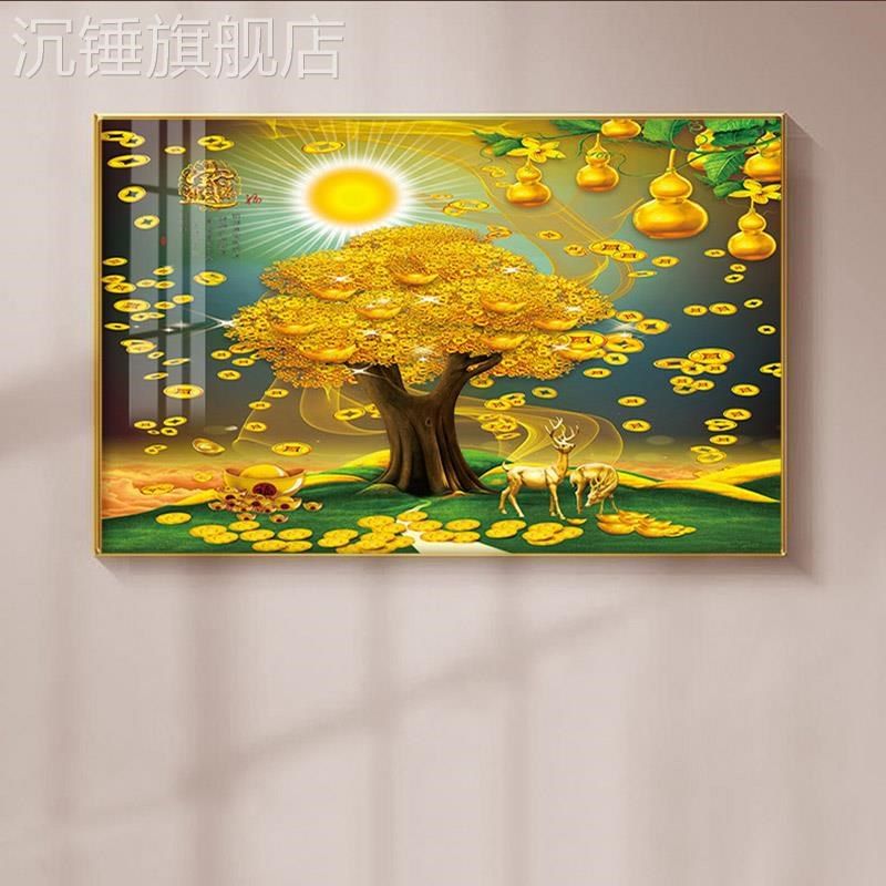 新款招财进宝金色葫芦发财树客厅壁画摇钱树聚宝盆横版装饰画元宝