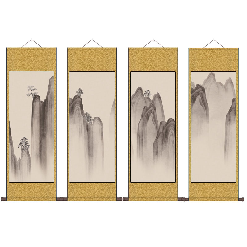 禅意简约四条屏装饰画山水画国画山水情丝绢卷轴挂画中式客厅竖幅