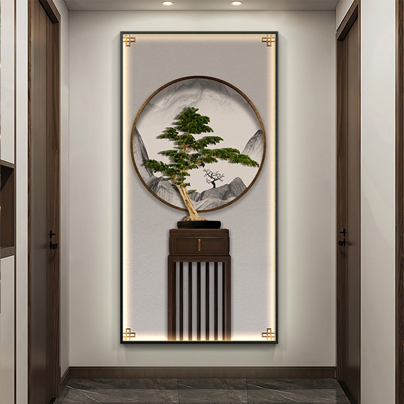 迎客松进门带灯玄关装饰画新中式高档走廊尽头挂画客厅入户迎门画