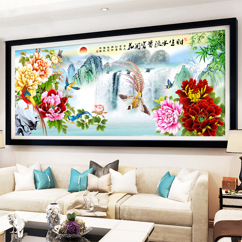 百鸟图花开富贵流水生财十字绣2025新款线绣客厅凤凰山水画风景画