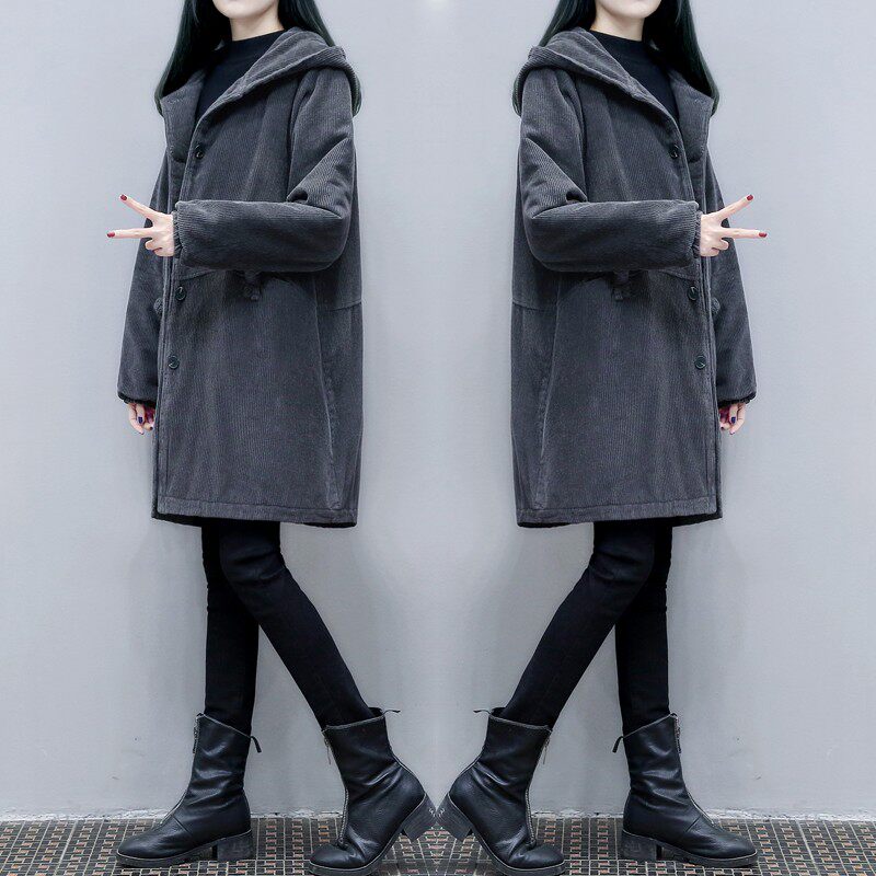 2021冬季新款复古灯芯绒棉衣中长款宽松显瘦连帽保暖棉服外套女装