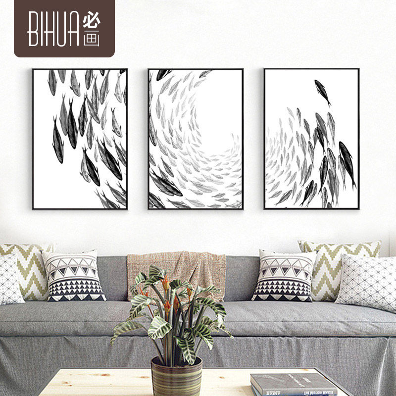 必画北欧简约鱼群艺术黑白灰度三联装饰画客厅背景墙壁画有框挂画