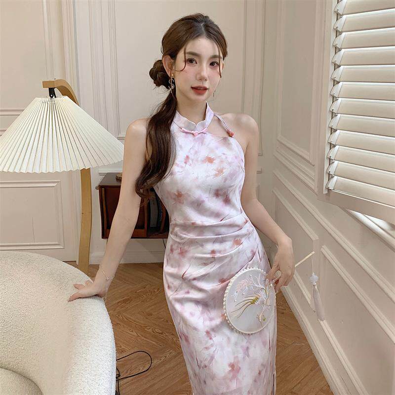 温婉新中式挂脖连衣裙女收腰褶皱削肩开叉国风改良旗袍裙子高级感