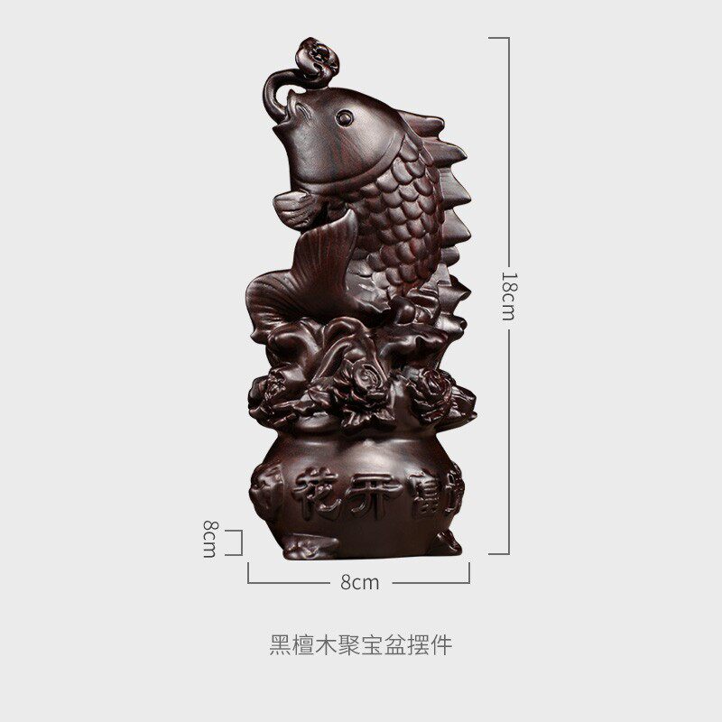 黑檀木雕年年有余聚宝盆摆件实木质家居客厅电视柜酒柜装饰工艺品