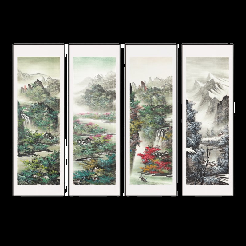 新中式客厅沙发背景装饰画酒店餐厅山水风景四联壁画玄关条屏挂画
