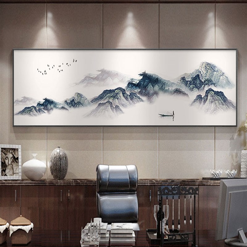 水墨画客厅沙发背景墙挂画山水画新中式办公室装饰画茶室书法字画