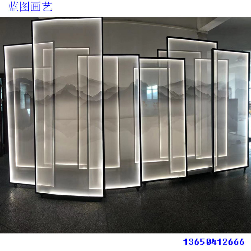 新款灯带滑轮双面半透明框布画结实防璃透纱片玻水火铝合金纱屏风