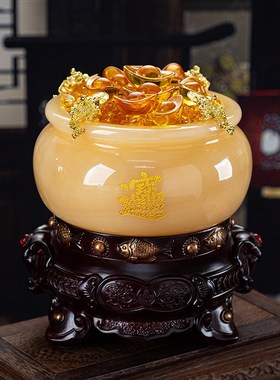 石诚记高档客厅摆件聚前盆天然玉石工艺品宝台装饰品创意开业礼品