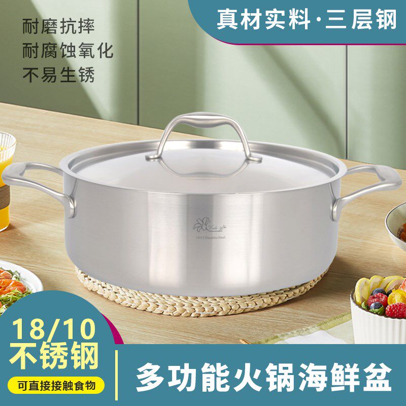 德018/锅国不锈钢汤锅双耳1煮面锅炖锅加厚燃气电磁炉通用20-28cm