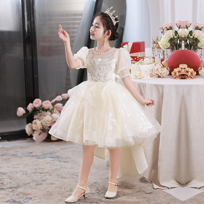 儿童前短後长礼服公主裙女童生日小女孩花童主持人钢琴演出服夏季