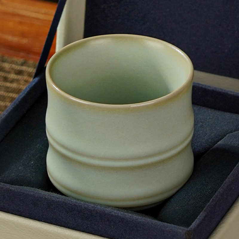 汝窑竹节茶杯复古品茗杯大容量主人杯景德镇手工杯开片可养礼盒装