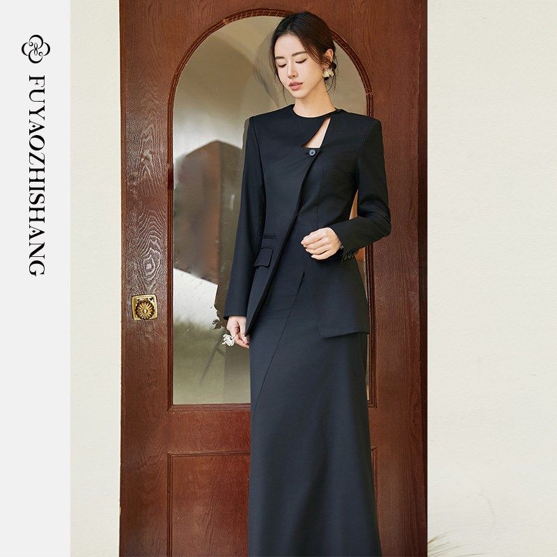 FUYAO扶摇 黑色镂空西装套装女2025新款斜门襟飘带西服长裙套装春