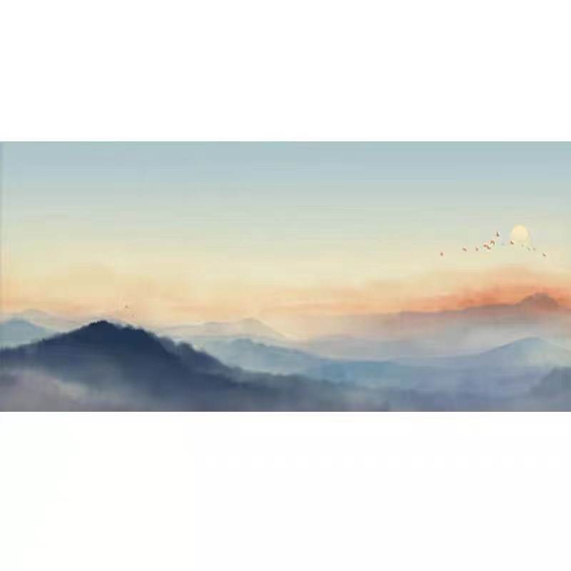 纯手绘油画新中式旭日东升风景挂画横版卧室客厅沙发背景墙装饰画