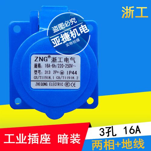 ZNG 浙工电气 313 16A 2P 220V 插头座 单相三极工业暗装直式插座