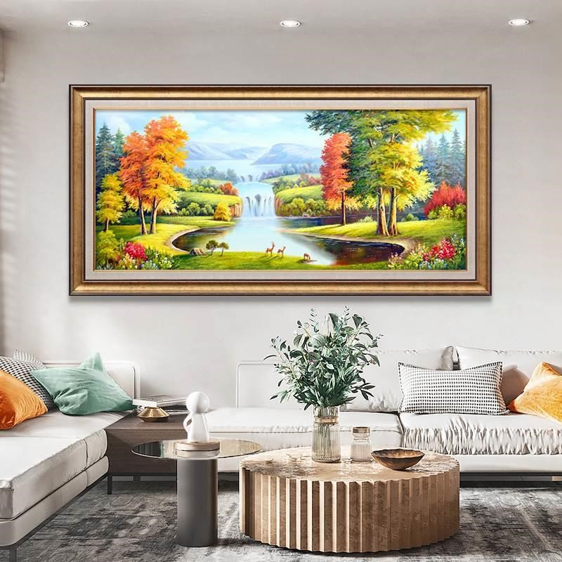 山水画客厅挂画美式沙发背景墙装饰画手绘油画欧式风景壁画高级感