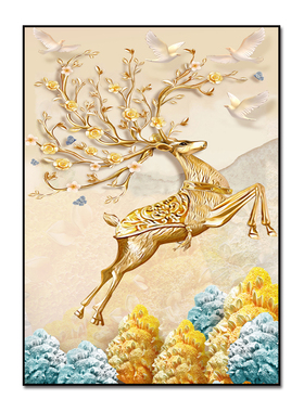 玄关招财麋鹿挂画装饰画竖版走廊过道挂画客厅进门画墙面单幅壁画