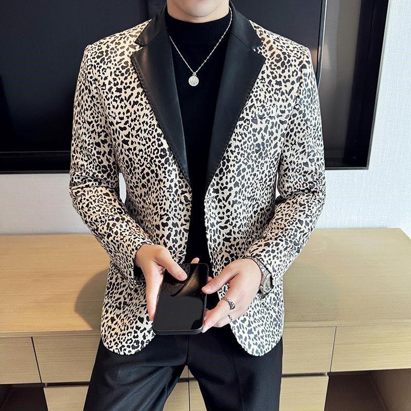 四季款男式舞台表演西服拼皮豹纹宴会主持人礼服欧美西装单西外套
