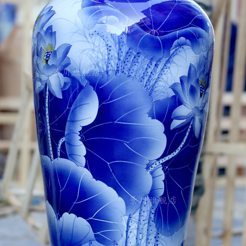 手绘和为贵青花瓷荷花鱼落地大花瓶景德镇陶瓷器客厅装饰大摆件