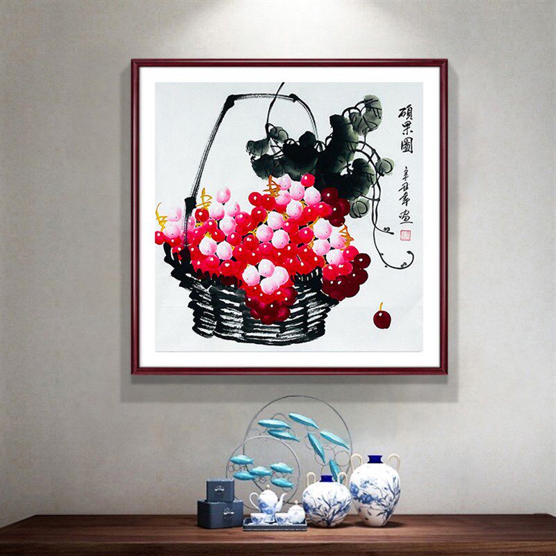 纯手绘国画花鸟画客厅餐厅中式装饰画书房挂画三尺斗方葡萄硕果图