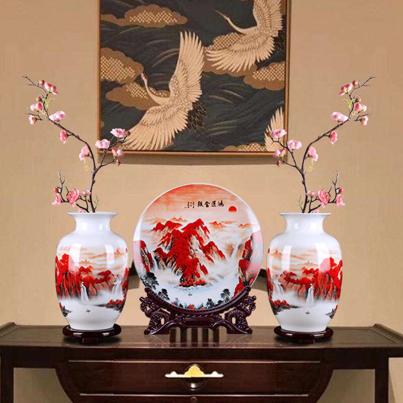 景德镇陶瓷鸿运当头花瓶三件套装饰盘子中式家居客厅酒柜玄关摆件