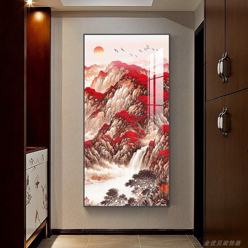 鸿运当头玄关装饰画新中式山水寓意好竖版入户走廊招财过道壁定做