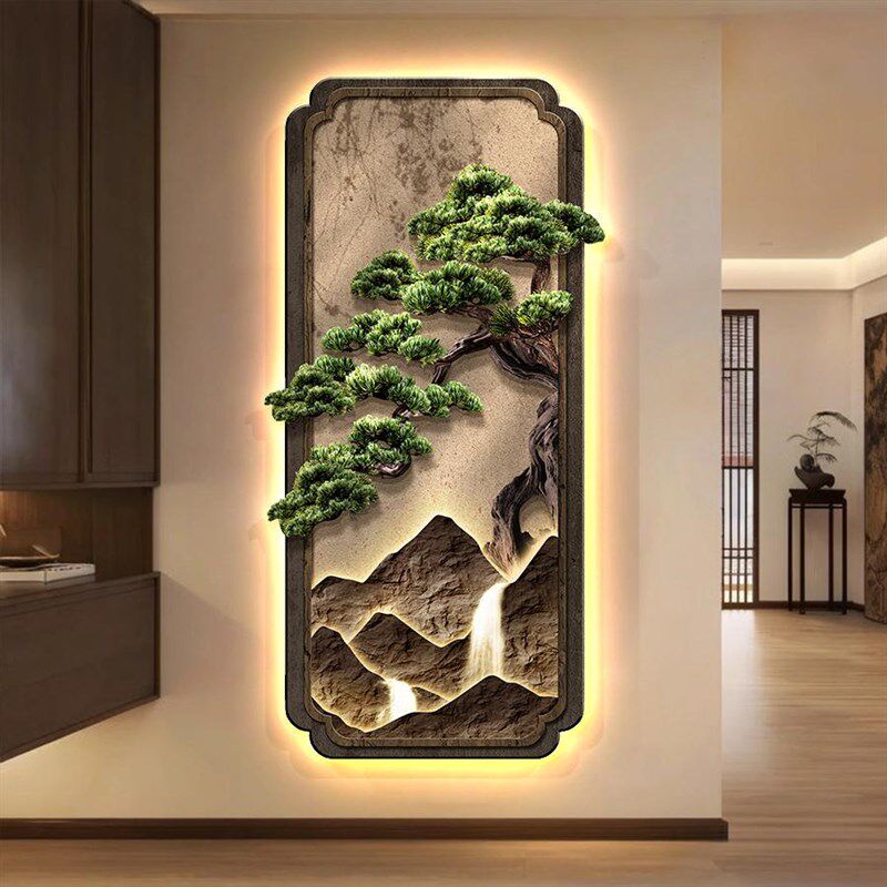 迎客松新中式玄关装饰画竖版山水走廊过道挂画高级感入户门壁画灯