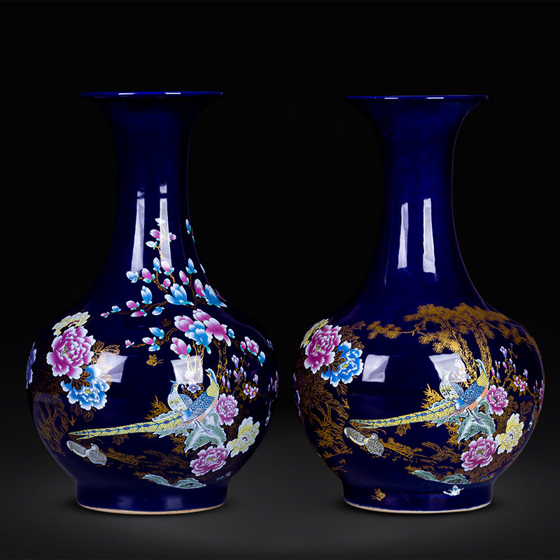 景德镇陶瓷器蓝色花瓶子瓷瓶中式家居饰品客厅插花电视柜装饰摆件
