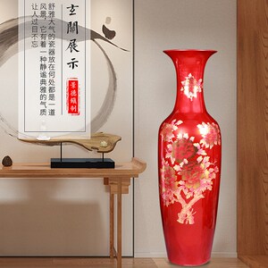 景德镇陶瓷中国红牡丹花落地大花瓶家居客厅装饰品电视玄关柜摆件