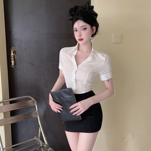性感御姐轻熟风衬衣女夏职业高端套装气质女神范上白下黑包臀裙子