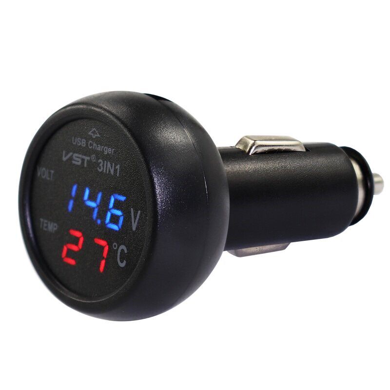 汽车多功能车载电压表温度LED数显USB手机充电器 12-24V通用