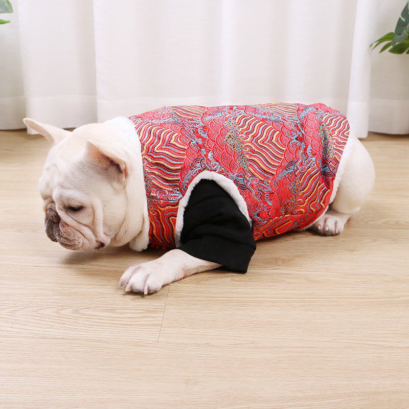 冬款法斗衣服巴哥犬斗牛犬胖狗马甲加绒过年喜庆拜年外套唐装年服