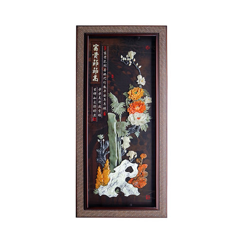新中式玄关装饰画高端入户走廊过道竖版挂画玉雕立体浮雕玉石壁画