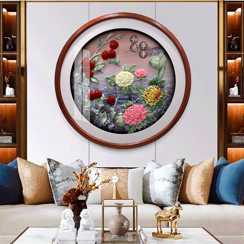 新中式玄关装饰画圆形客厅餐厅挂画轻奢沙发电视背景墙挂件玉雕画